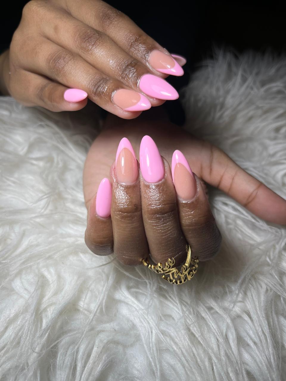 Pink almond French tip nails by TallLee The Nail Tech